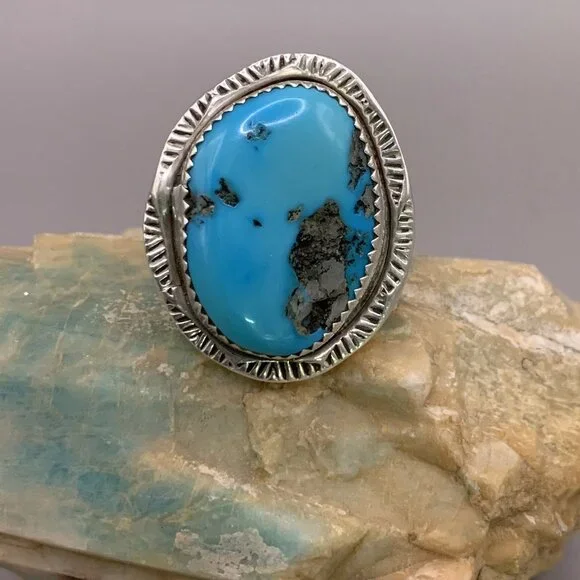 Navajo Native American Indian Made Kingsman Turquoise Sterling Silver Ring 6.5